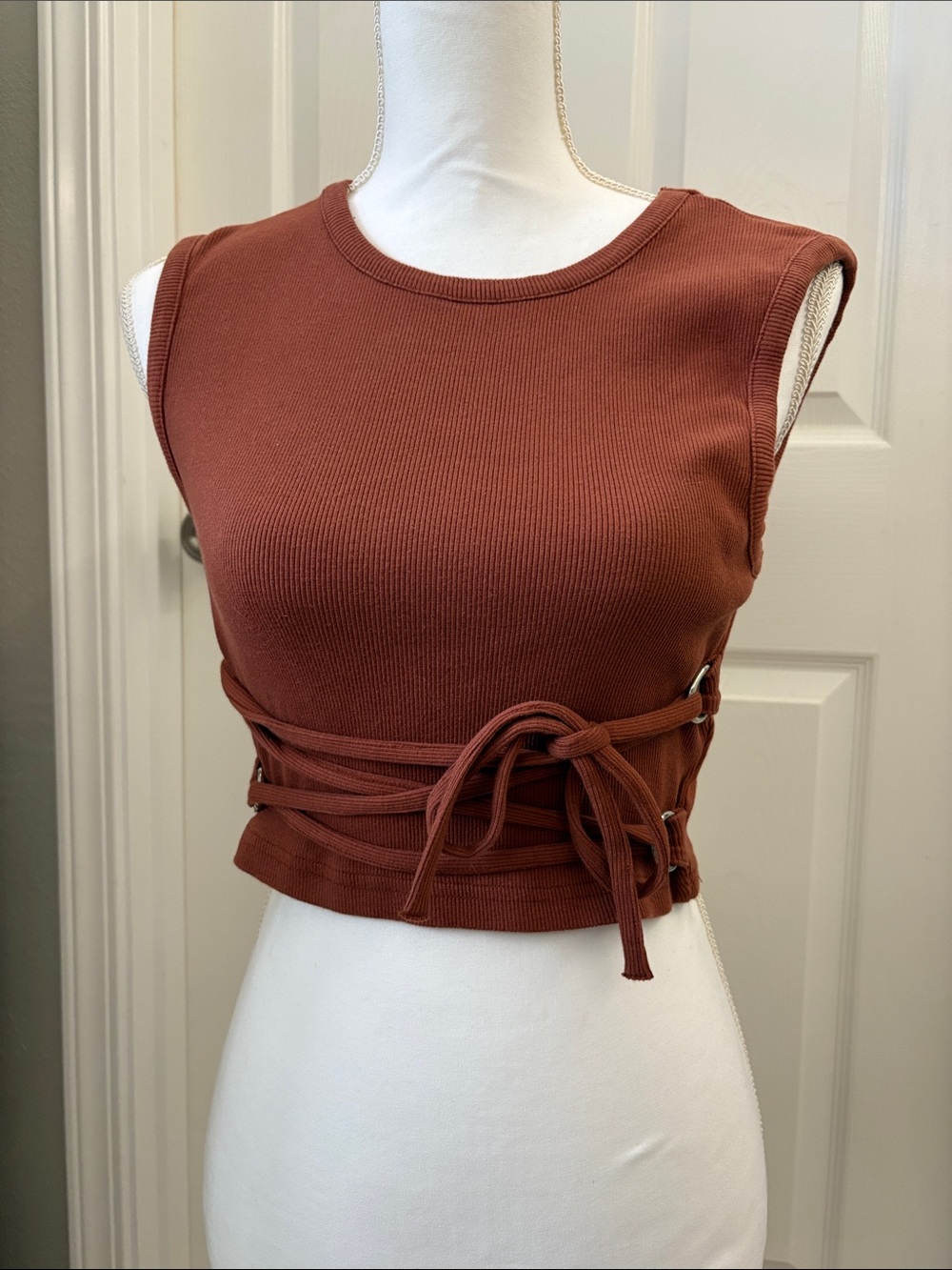 The Ragged Priest Ribbed Lace-Up Crop Tank Top